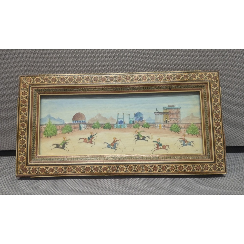 VTG Persian Mini Painting Polo Match Khatam Marquetry Frame Hand Painted Art